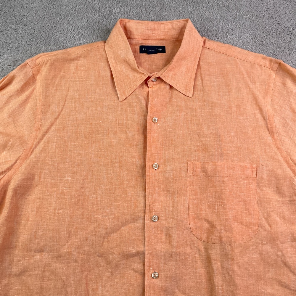 Lands End Shirt Mens Large Orange 100% Linen Short Sleeve Button Down Beach